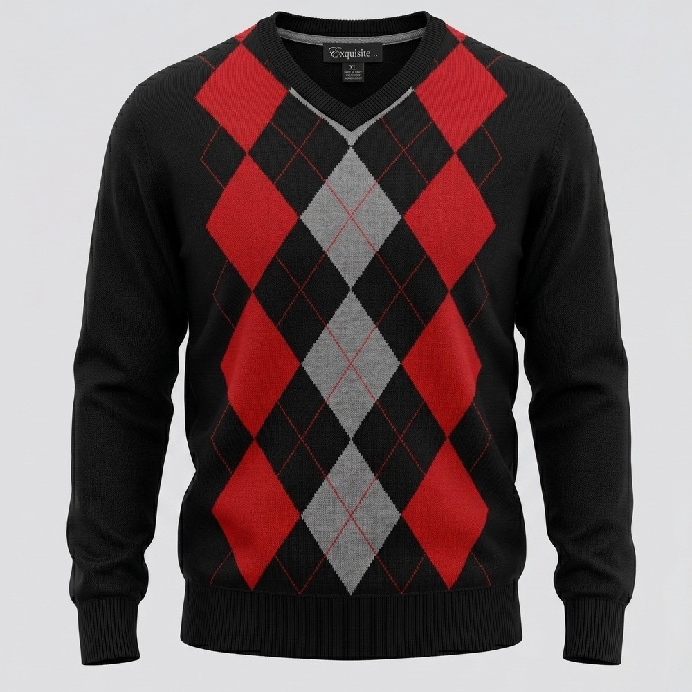 TM Exposure Mens XL Black Red Argyle V-Neck Long Sleeve Knit Pullover Sweater
